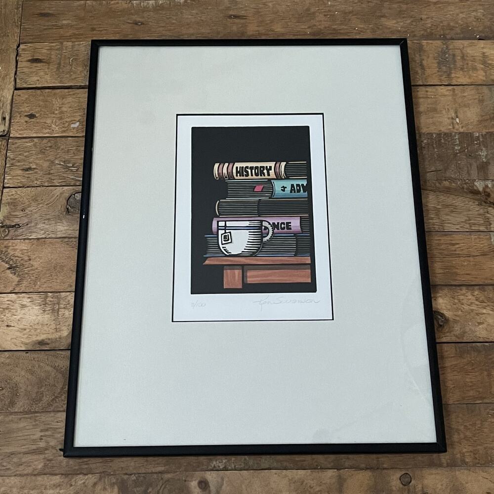 Ken Swanson Linoleum Block Print 3/100 Framed 11x14" School Books and Teacup